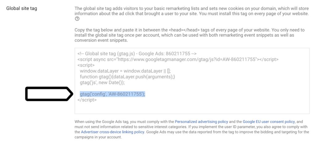 codice di conversione remarketing di Google Ads